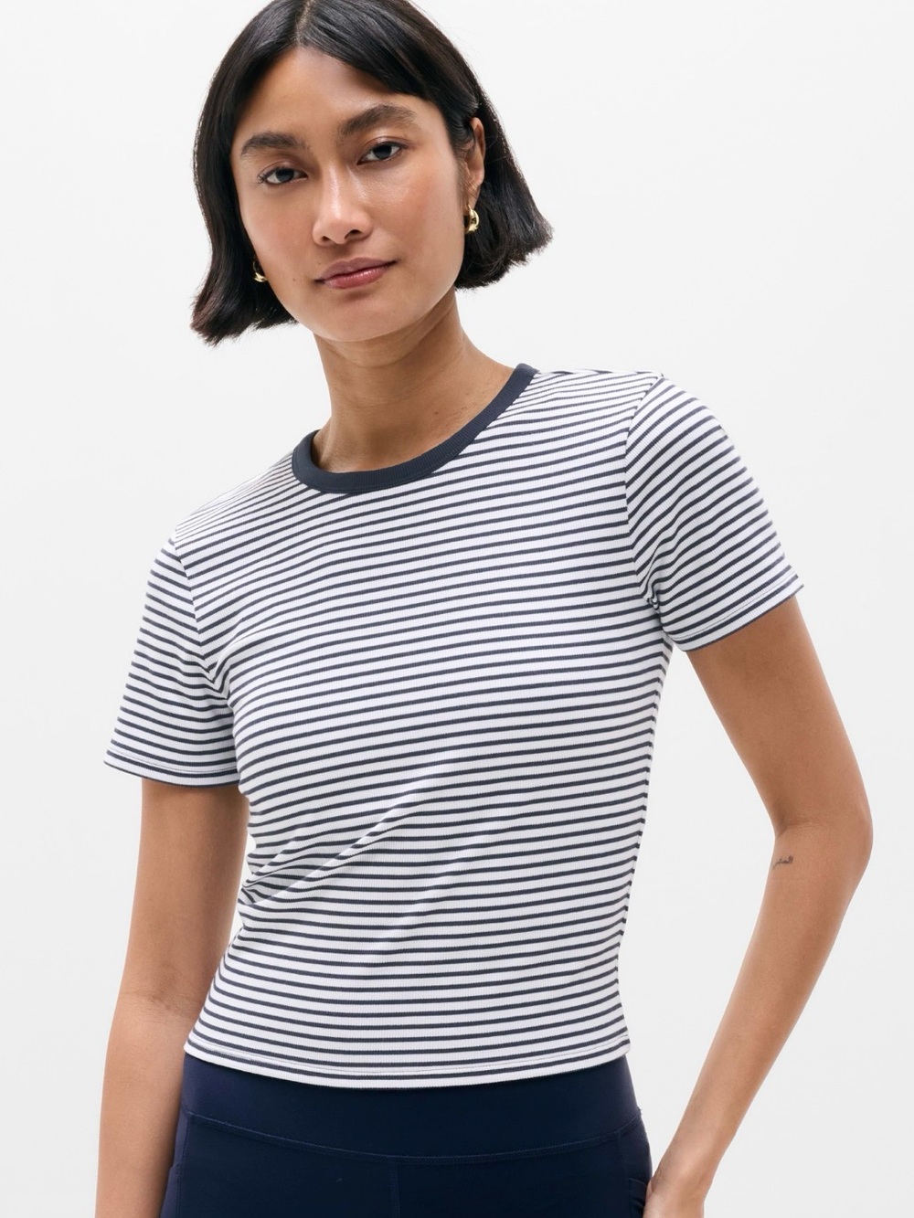 Athleta Navy & white Striped NWOT Ringer Tee